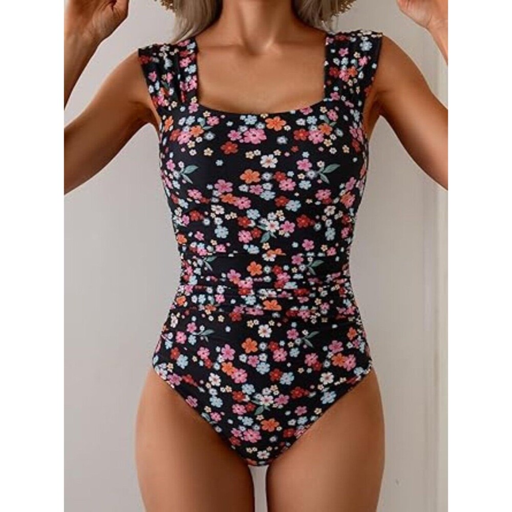 Womens One Piece Swimsuit Retro Square Neck Tummy Control Bathing Suits Ruched L - Picture 3 of 5